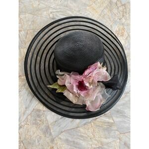 Hat-A-Tude Wide Brim Sun Hat Pink Floral Organza Kentucky Derby Tea Party